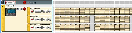 A screenshot showing all the 7-note scales by "Interval," "In Modes," and "In Modes - Transposed"