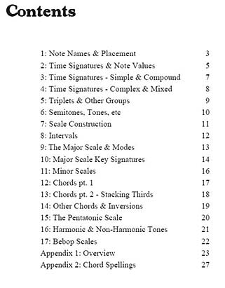 the Table of Contents for the Music Theory primer PDF