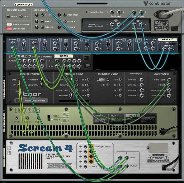 The back of the Rack, showing the routing which is split to 2 separate channels on the Line Mixer (using a Spider).