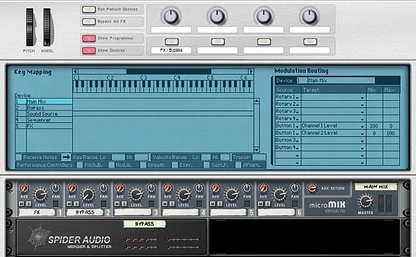 63-04-bypass The Button 1 setup on the Combinator, showing the Line Mixer settings and Modulation Routing.