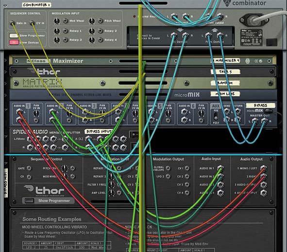 The back of the rack showing the routing between the Line Mixer, Spider Audio Splitter, and Thor.