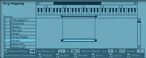 Mapping the key range of the effects to the Thor Bypass device in the Combinator.