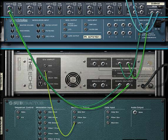 A Subtractor LFO connected to The Echo's Roll CV Input