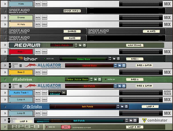 67-01-7-songs The front of the rack after adding the Drums, Bass, Audio Track (Pad), and some Dr. OctoRex Loop accents.