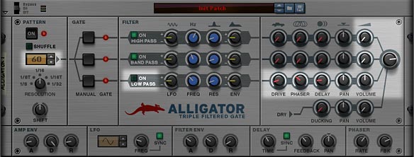 The Alligator Front Panel, showing the areas of importance when trying to use a single channel for effects and Mixer only; in this case, using the Low Pass Channel