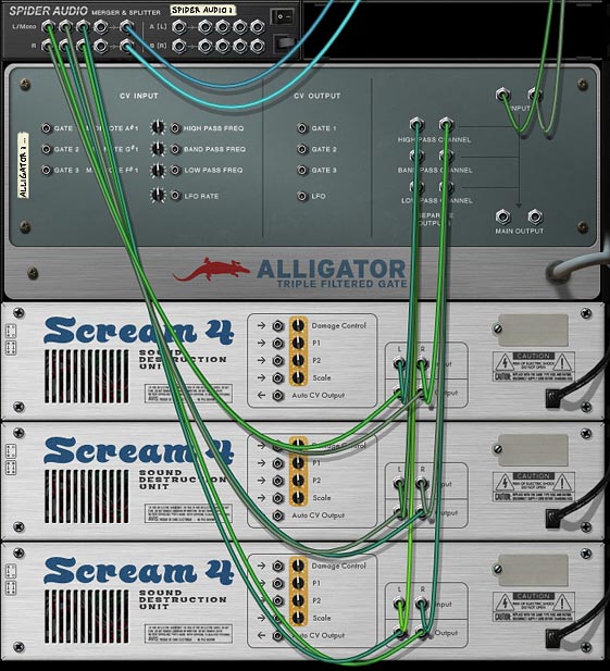 The back of the rack, showing how to process the audio through single Alligator channels and external effects.
