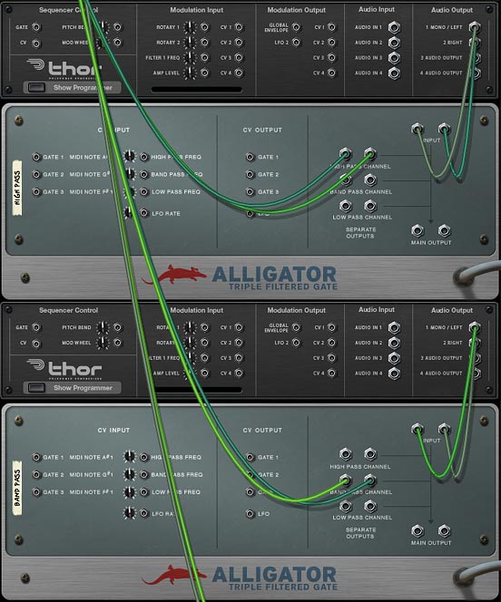 Showing different audio sources processed by different alligator channels to achieve an interesting result.