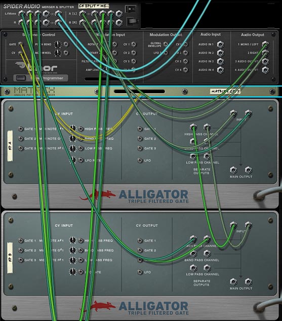69-04-alligator2 Processing your audio source through multiple Alligator Channels. This shows the High Pass Channel in series. But you can do the same with other Alligator channels.