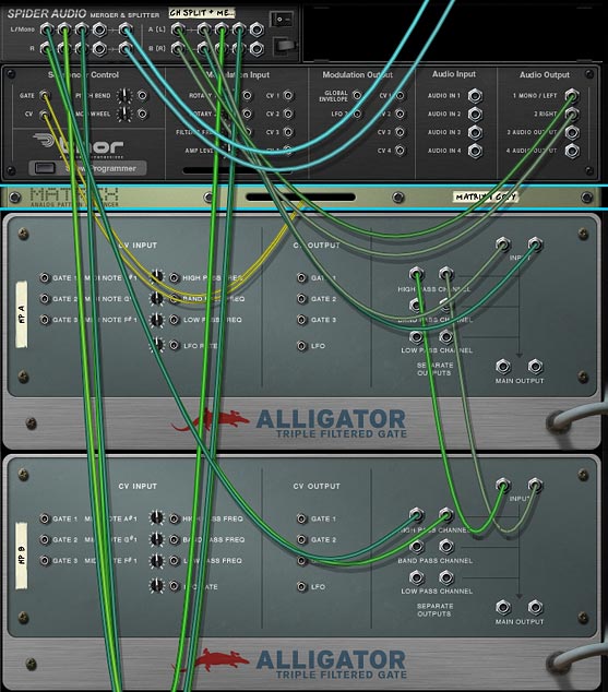 Processing your audio source through multiple Alligator Channels. This shows the High Pass Channel in series. But you can do the same with other Alligator channels.