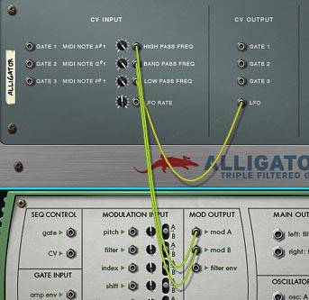 69-05-alligator2 Showing the Malstrom's 2 Mod A/B waves and the Alligator's LFO to provide movement to the Alligator's 3 filters.