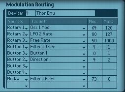 The Combinator Modulation Routing settings for the Thor chiptune Emulator.