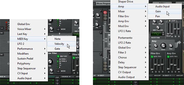 75-02-better-patches-2 The Source (MIDI Key > Velocity) and Destination (Amp > Gain) settings in the MBRS row