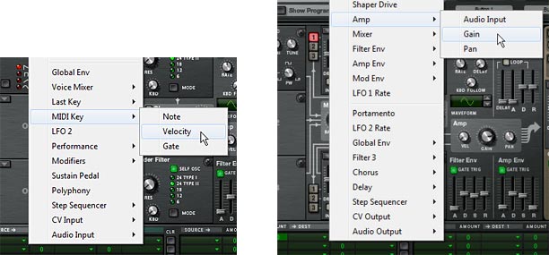 The Source (MIDI Key > Velocity) and Destination (Amp > Gain) settings in the MBRS row