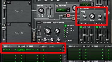 In this setup, the Amp Gain is completely controlled via the MBRS routing, since both the Amp Gain and Velocity knobs are turned all the way down (fully left).