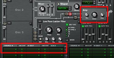 75-05-better-patches-2 In this setup, the Amp Gain knob and Velocity knob are controlling the Velocity, not the MBRS. The velocity control result is exactly the same as in the previous image. It's just a different way to set it up within your patch.