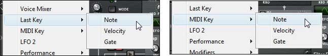 The "Last Key" and "MIDI Key" Note parameters in Thor's source submenu (global section).