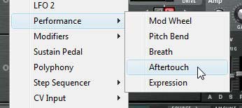 The Performance > Aftertouch setting in Thor's MBRS source submenu