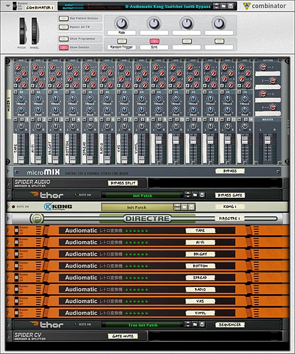 The front panel showing all the devices in the Audiomatic Retro Transformer Combinator patch.