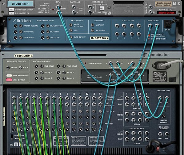 The back of the rack showing the routings between the Dr. Octo Rex and the Combinator, as well as the routings for the Main Mixer.