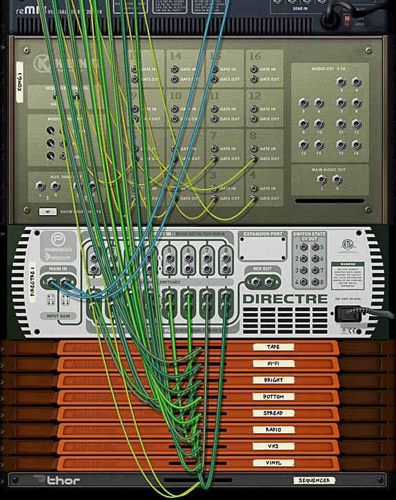 The back of the rack showing the routings between the Mixer, Kong, Directre and the Audiomatic devices.