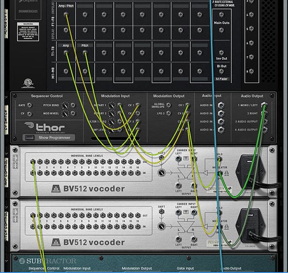 The Back of the rack for the "Version 2" example that uses 2 Toggles to switch Fader Parameters and simultaneously "Hold" the CV values via the BV512 devices.